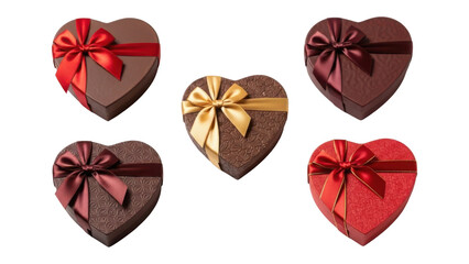 Heart shaped gift boxes with colorful ribbons isolated on transparent background