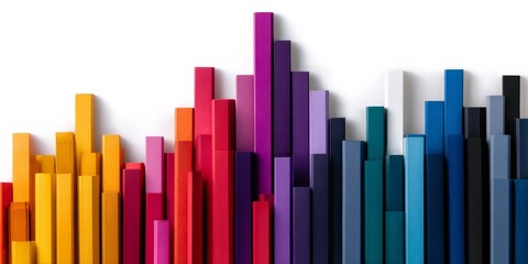 Obraz premium Colorful rising bar chart made of shimmering sticks in various heights and hues, representing growth and progress