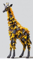 Obraz premium A creatively crafted paper giraffe with yellow spots and textured details, standing against a neutral backdrop