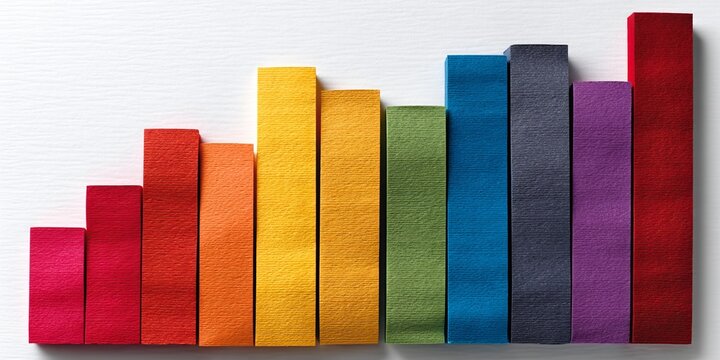 Colorful rising bar chart made from textured blocks representing growth and progress on a light background