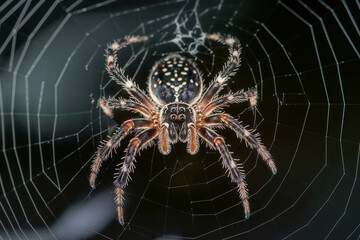A highly detailed macro photograph of a hairy spider resting at the center of its delicate web, with sharp focus on the eyes and legs against a dark, softly blurred background.