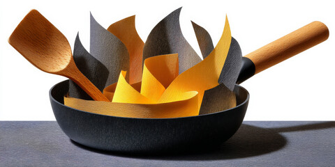 Frying pan with a wooden spatula surrounded by colorful abstract flame shapes in dynamic motion on a textured surface