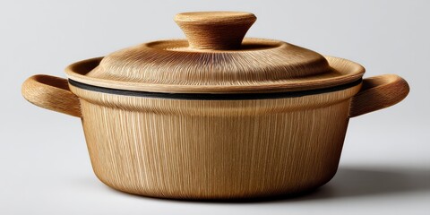 Handcrafted kitchen pot with textured wooden finish and lid, showcasing artisanal design and natural materials