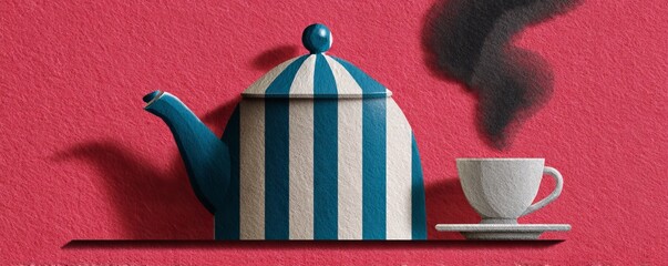 Illustration of a striped kettle next to a steaming cup on a vibrant background, evoking warmth and comfort