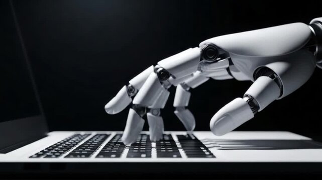 A robotic hand interacts with a laptop keyboard on a dark background with futuristic technology
