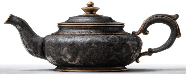 Layered illustration of an ornate kettle with intricate detailing and a vintage aesthetic