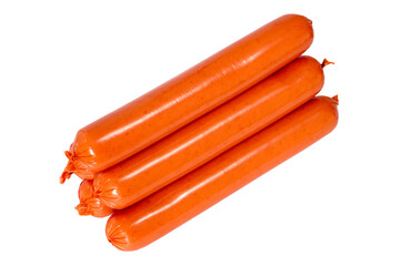 Stack of thin sausages isolated on a white background. Simple sausages close-up