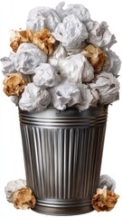 A metallic trash bin filled with crumpled white paper and scattered brown paper, symbolizing waste and clutter