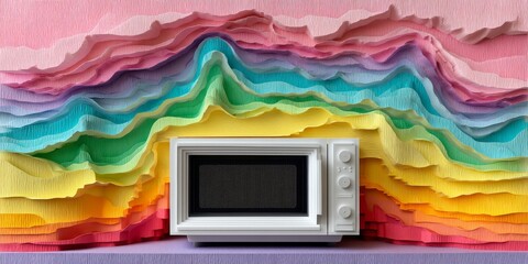 Microwave oven positioned against a backdrop of layered pastel colored paper waves in vibrant hues
