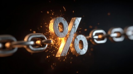 A bold percentage symbol breaks free from a metallic chain, conveying financial concepts.