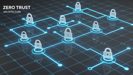 Zero Trust Architecture and Network Cyber Security Vector. Secure Digital Infrastructure with Multiple Padlocks and Circuit Grid. Data Privacy and IT Protection.