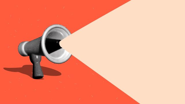 Moving loudspeaker with copy space for quotes, titles. Halftone hand holding megaphone. Advertising for news, sales, alert. Animation