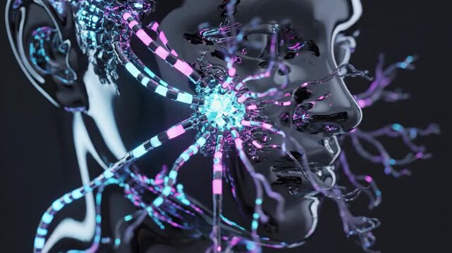 Futuristic liquid metal cyborg face with glowing neural network connections exploding from head.