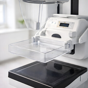 Detailed close-up view of the compression paddle and digital panel of a mammogram machine in a diagnostic suite