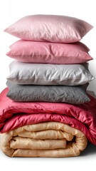 Stack of decorative pillows on a neatly folded blanket in soft colors and patterns, creating a cozy atmosphere
