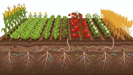 Regenerative Agriculture and Precision Farming Concept. Sustainable Soil Management and Organic Crop Diversity Flat Vector. Innovative Eco Friendly Farming Illustration.