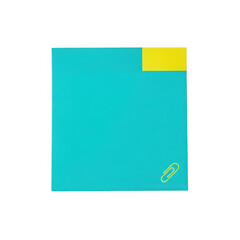 Bright blue sticky note with yellow corner and paperclip isolated on transparent background