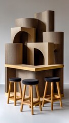 Unique bar counter made from textured brown materials, complemented by simple wooden stools