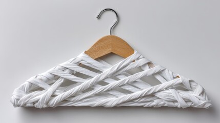 Unique coat hanger made from folded paper with a wooden top, showcasing intricate design patterns and textures