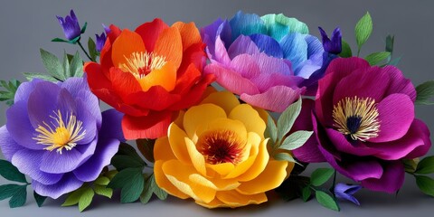 Vibrant bouquet of paper flowers in a rainbow of colors, showcasing intricate textures and detailed craftsmanship