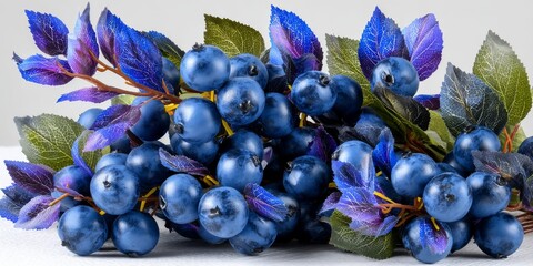 A vibrant bunch of blue blueberries surrounded by glossy green and purple foliage, creating a fresh and colorful display