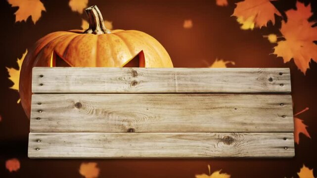 Spooky carved pumpkin with wooden sign surrounded by autumn leaves - Powered by Adobe