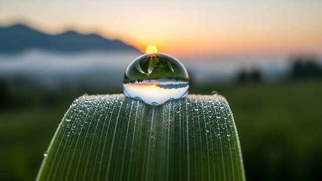 Water drop on green leaf sunset. - Powered by Adobe