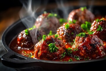 Pan filled with glazed meatballs in rich tomato sauce garnished with parsley showing steam and comfort food appeal in rustic styling.