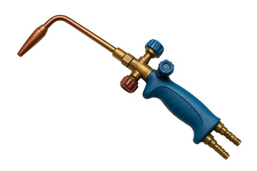 Industrial gas welding torch with blue handle and brass nozzle isolated on transparent background