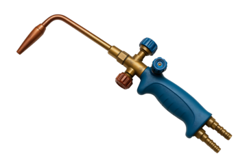 Industrial gas welding torch with blue handle and brass nozzle isolated on transparent background