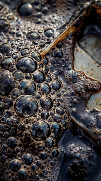 Texture of crude oil spill on water surface. Toxic black sludge with bubbles. Environmental pollution background