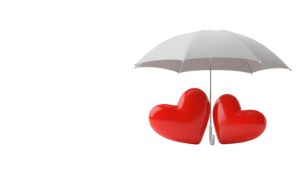 Red hearts under umbrella in romantic love protection with soft white background for valentines day greeting