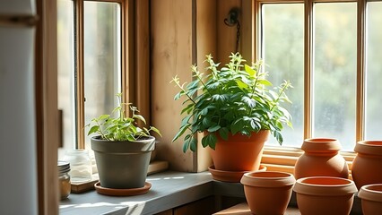 lovage. A potted lovage plant on a sunny windowsill in a rustic kitchen, warm and inviting atmosphere. gardening catalogs, home-decor guides, designed for home decor and floral branding.