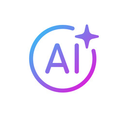 AI star circle icon. Artificial intelligence symbol. Gradient blue purple digital AI robot sign. Magic star smart assistant. Modern design element. Vector illustration isolated on white background.