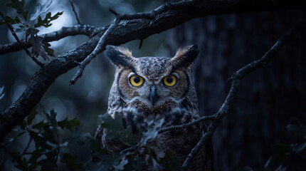 Close-up of a Great Horned Owl with bright yellow eyes sitting on a tree in a gloomy forest