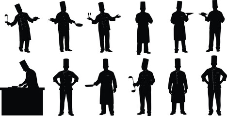 professional chef silhouettes cooking in kitchen, restaurant culinary staff illustration, chefs with utensils, cooking poses, hospitality workforce vector design artwork