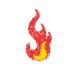 Doodle fire in crayon style. Hand drawn flame tongues with grunge sketch texture. Graphic element for fun collage, sticker. Crayon doodle fire. Vector chalk illustration isolated on white background.