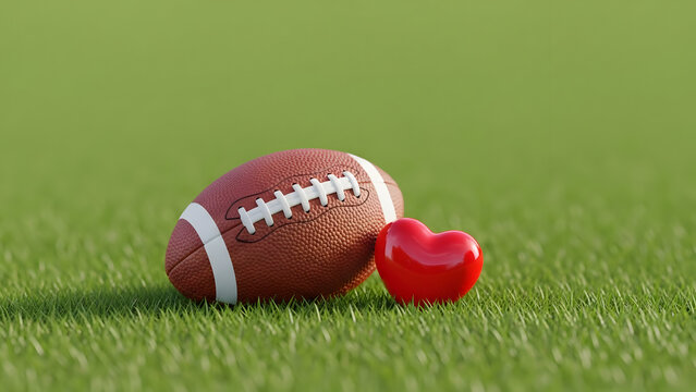 American Football With Small Red Heart On Grass Field