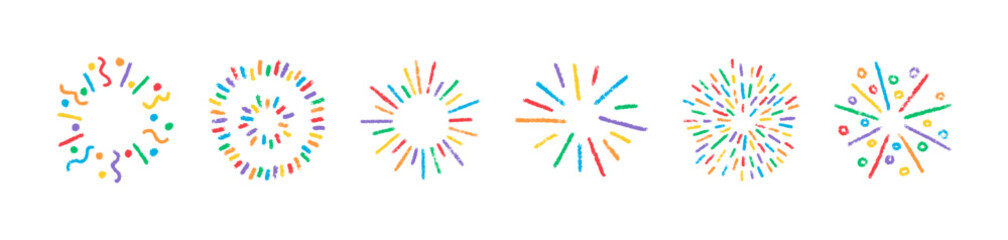 Crayon doodle confetti set. Color pencil hand drawn firework symbol. Chalk color birthday firecracker and confetti. Crayon graphic design element. Vector illustration isolated on white background.