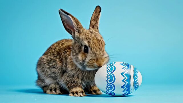 A charming and adorable small rabbit, with soft brown and grey fur, sits attentively against a vibrant light blue background. Its delicate nose gently sniffs or investigates a beautifully decorated wh
