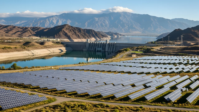A large solar panel farm situated near a serene lake and majestic mountains under a clear blue sky - Powered by Adobe