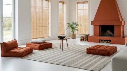 Fototapeta premium Cozy living room with terracotta fireplace floor cushions and bamboo blinds interior