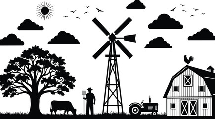 Rural farm landscape silhouette with barn, windmill, farmer, cow, tractor, trees and flying birds under sunny sky, countryside agriculture scene illustration design © LITON WORLD