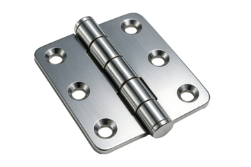 Polished stainless steel door hinge with six screw holes isolated on transparent background