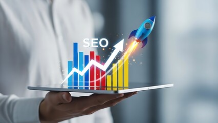 Businessman presenting SEO success with rocket on tablet