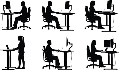 Silhouette office workers using computers at sitting and standing desks, modern workplace ergonomics, remote work, business technology, corporate workspace illustration vector design set