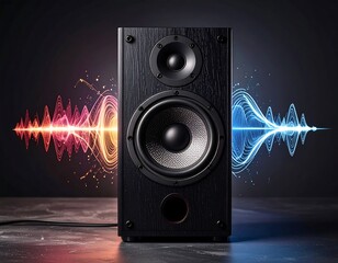 A frontal view of a speaker on a gray surface with sound waves on each side. The dark backdrop complements the audio