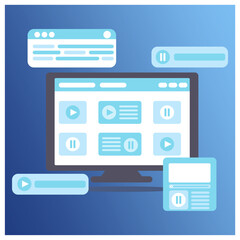 Fototapeta premium vector illustration of a video streaming and media player interface displayed on a computer monitor. The design features video thumbnails, play and pause buttons and floating UI elements,