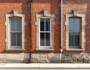 A facade featuring three vertically oriented windows with stone detailing, set within a red brick structure. A street is present