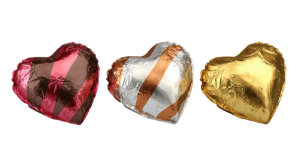 Foil wrapped heart shaped candy balloons isolated on transparent backdrop collection